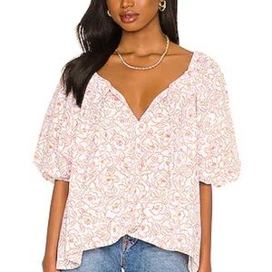 Faithfull the Brand Pink and White Puff Sleeve Blouse Size XS